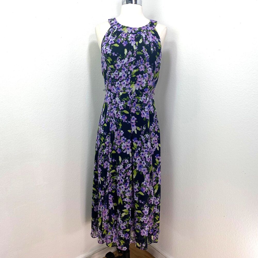 Tommy Hilfiger Purple Halter Floral Chiffon Midi Dress Med Peasant Boho Party